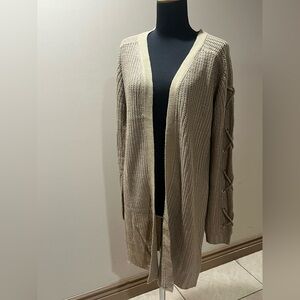 Elegant Beige Knit Cardigan with Lace-Up Sleeves